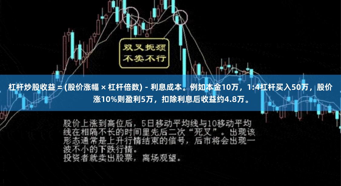 杠杆炒股收益 = (股价涨幅 × 杠杆倍数) - 利息成本。例如本金10万，1:4杠杆买入50万，股价涨10%则盈利5万，扣除利息后收益约4.8万。